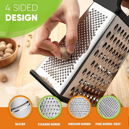 Stainless Steel XL Cheese Grater for Kitchen, Black | 4 Sided Manual Metal Box Grater for Carrot, Potato, Parmesan, Cheese Shredder, Professional Vegetable Grater, Dishwasher Safe