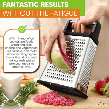Stainless Steel XL Cheese Grater for Kitchen, Black | 4 Sided Manual Metal Box Grater for Carrot, Potato, Parmesan, Cheese Shredder, Professional Vegetable Grater, Dishwasher Safe