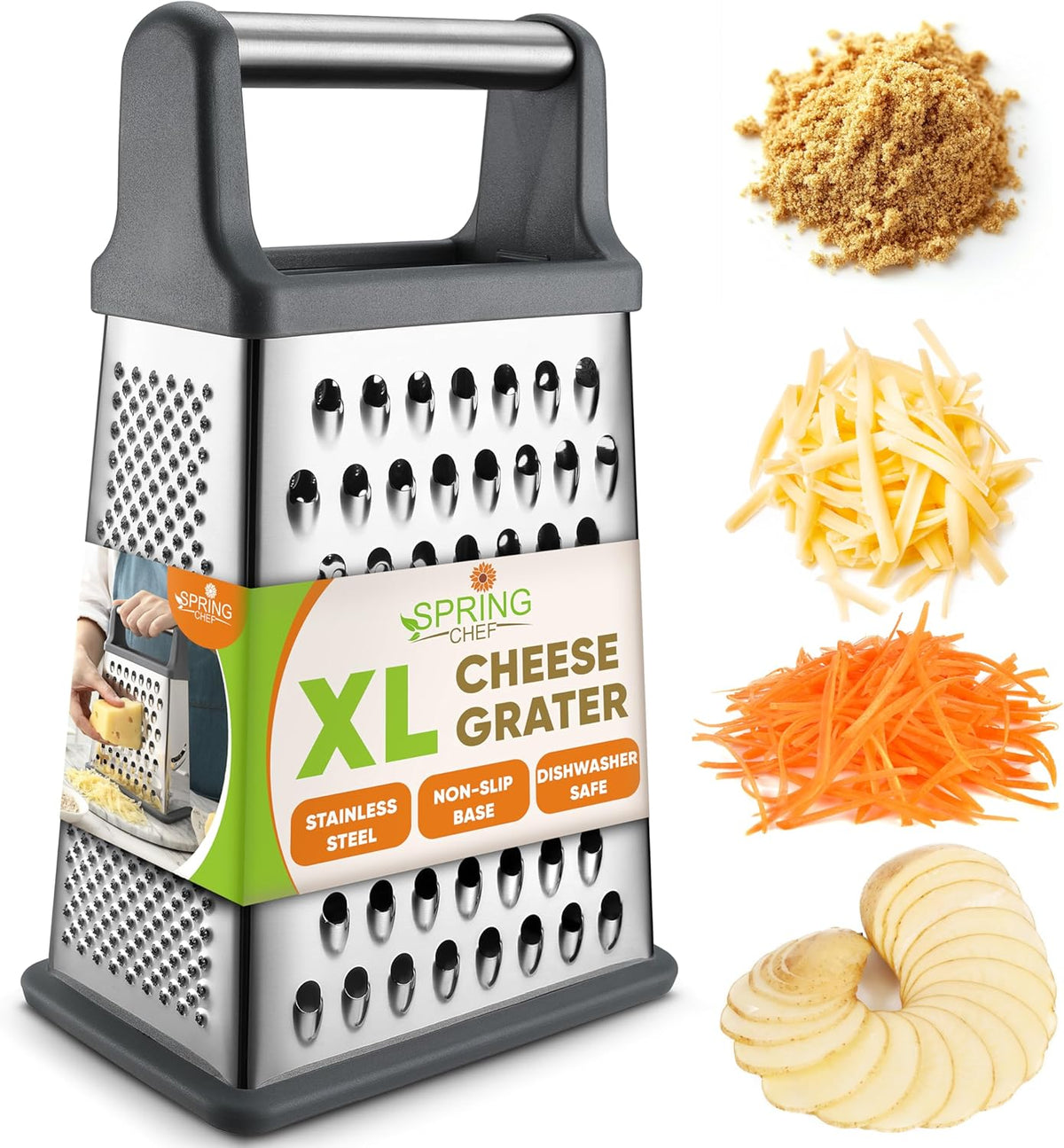 Stainless Steel XL Cheese Grater for Kitchen, Black | 4 Sided Manual Metal Box Grater for Carrot, Potato, Parmesan, Cheese Shredder, Professional Vegetable Grater, Dishwasher Safe