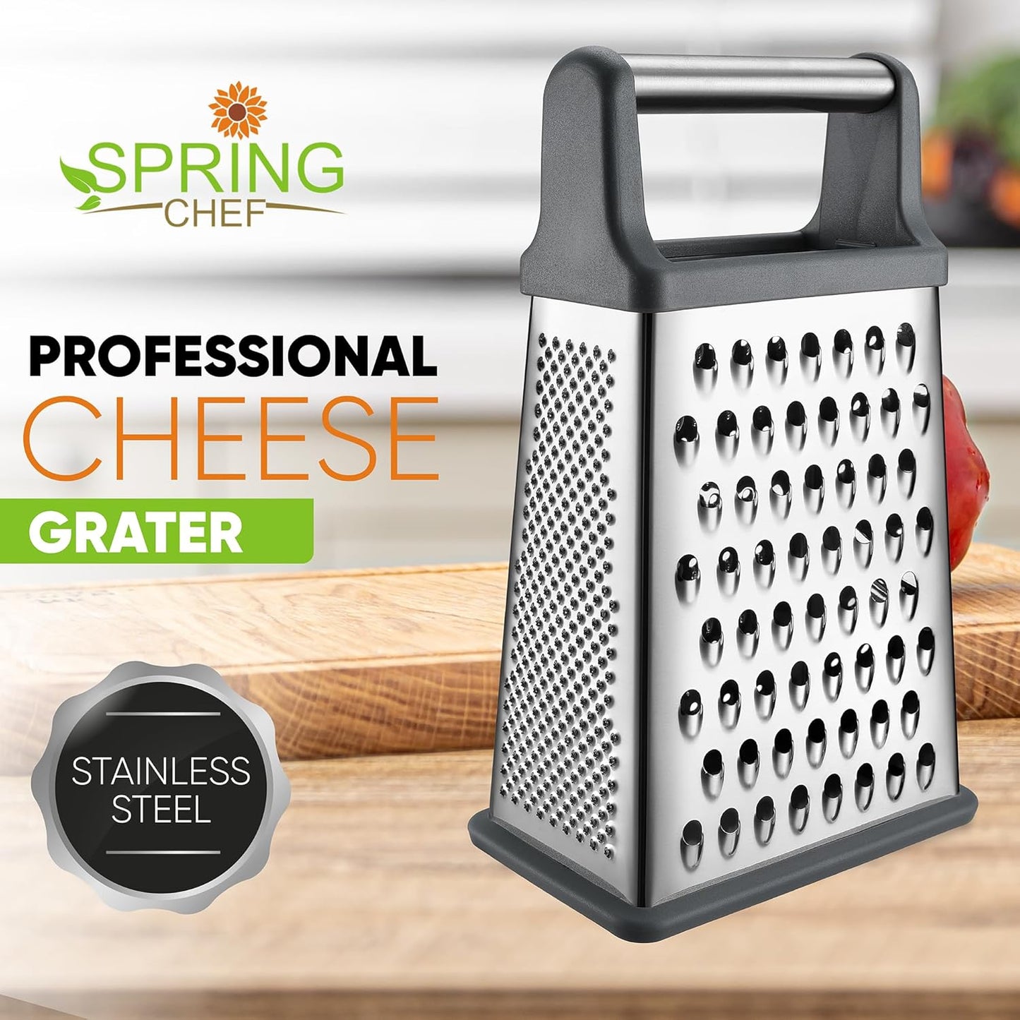 Stainless Steel XL Cheese Grater for Kitchen, Black | 4 Sided Manual Metal Box Grater for Carrot, Potato, Parmesan, Cheese Shredder, Professional Vegetable Grater, Dishwasher Safe
