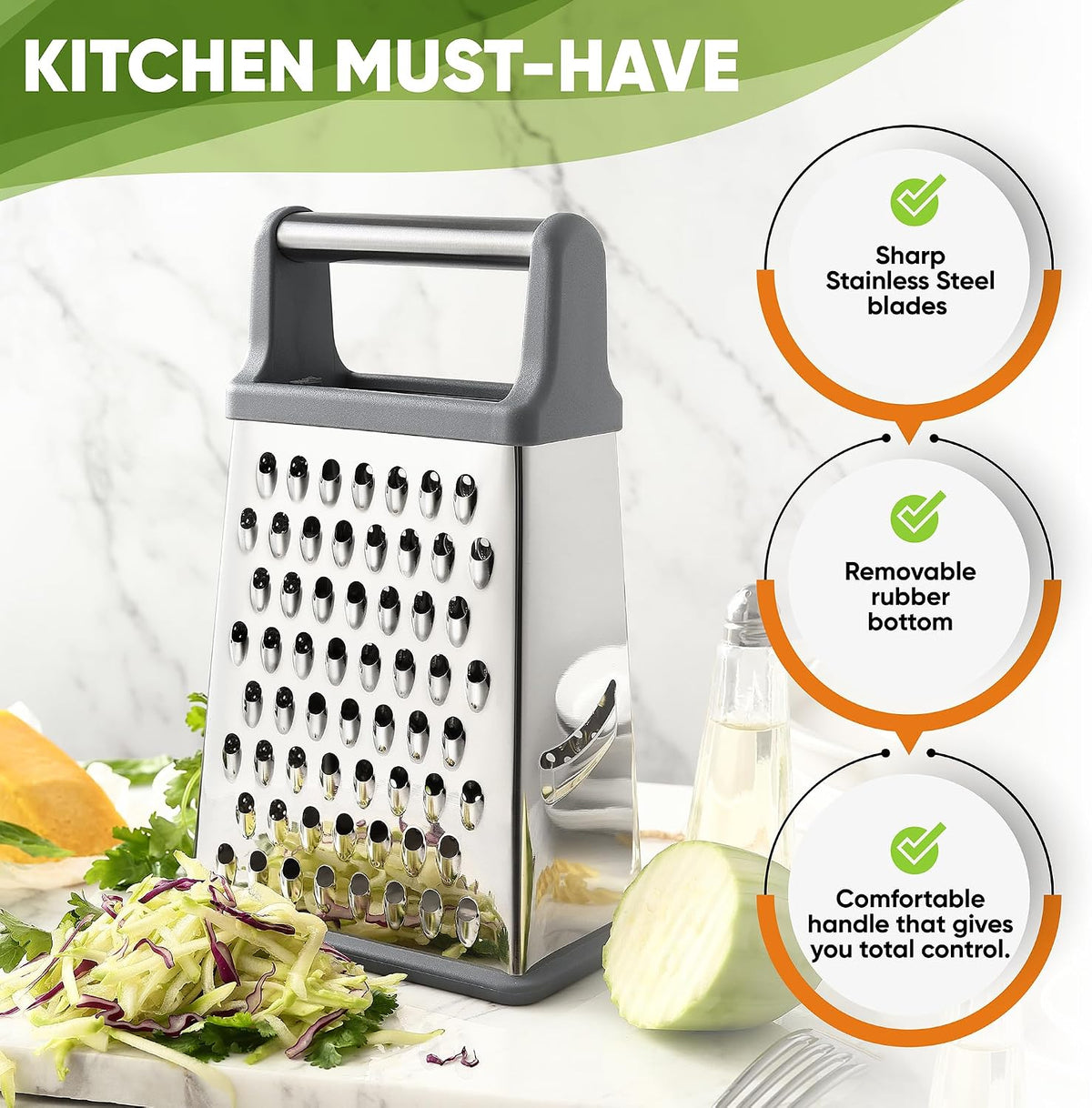 Stainless Steel XL Cheese Grater for Kitchen, Black | 4 Sided Manual Metal Box Grater for Carrot, Potato, Parmesan, Cheese Shredder, Professional Vegetable Grater, Dishwasher Safe