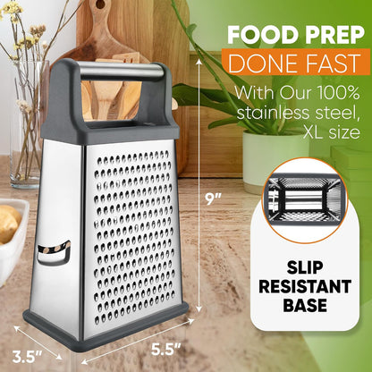 Stainless Steel XL Cheese Grater for Kitchen, Black | 4 Sided Manual Metal Box Grater for Carrot, Potato, Parmesan, Cheese Shredder, Professional Vegetable Grater, Dishwasher Safe