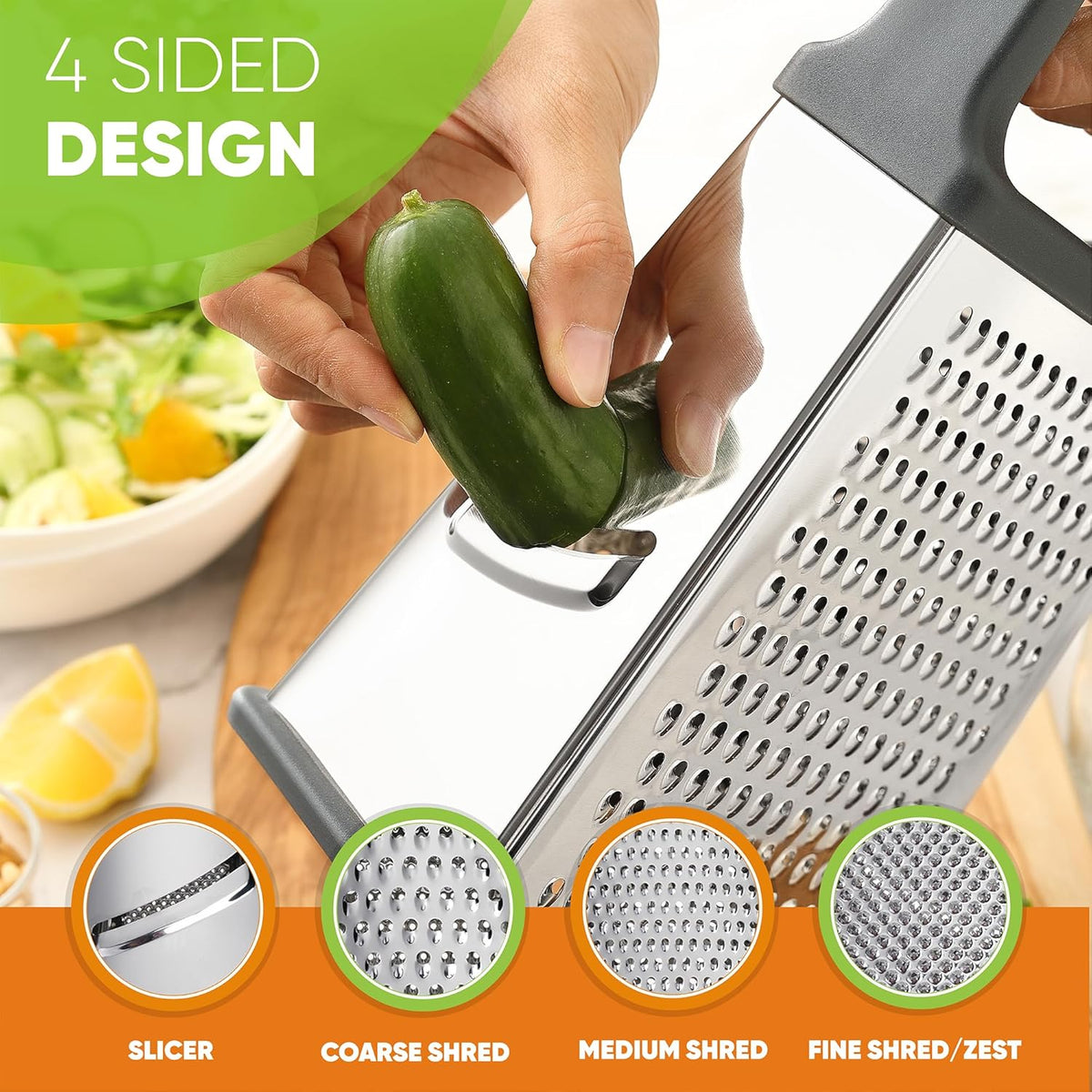 Stainless Steel XL Cheese Grater for Kitchen, Black | 4 Sided Manual Metal Box Grater for Carrot, Potato, Parmesan, Cheese Shredder, Professional Vegetable Grater, Dishwasher Safe