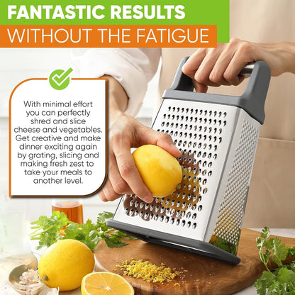 Stainless Steel XL Cheese Grater for Kitchen, Black | 4 Sided Manual Metal Box Grater for Carrot, Potato, Parmesan, Cheese Shredder, Professional Vegetable Grater, Dishwasher Safe