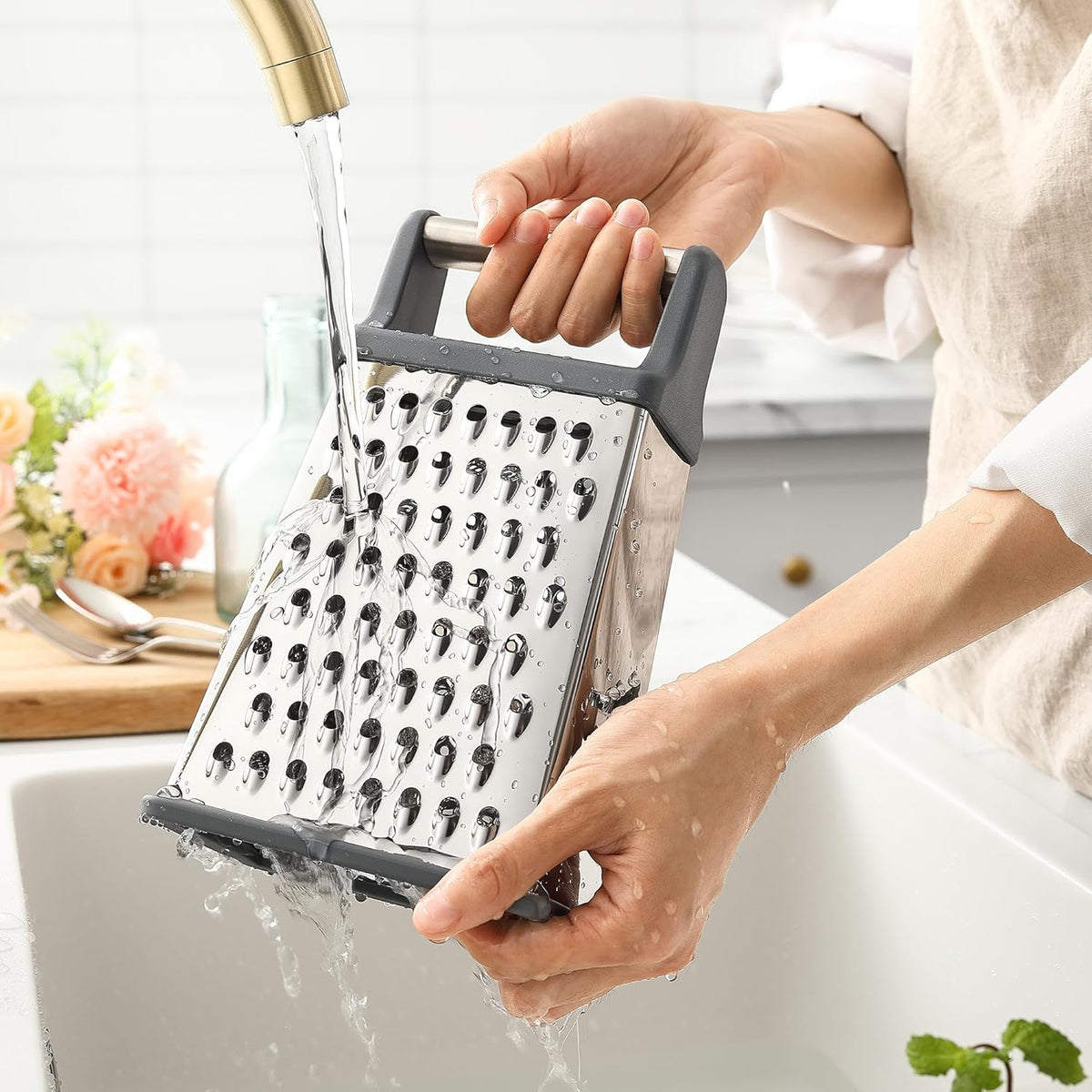 Stainless Steel XL Cheese Grater for Kitchen, Black | 4 Sided Manual Metal Box Grater for Carrot, Potato, Parmesan, Cheese Shredder, Professional Vegetable Grater, Dishwasher Safe