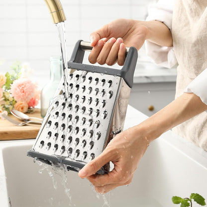 Stainless Steel XL Cheese Grater for Kitchen, Black | 4 Sided Manual Metal Box Grater for Carrot, Potato, Parmesan, Cheese Shredder, Professional Vegetable Grater, Dishwasher Safe