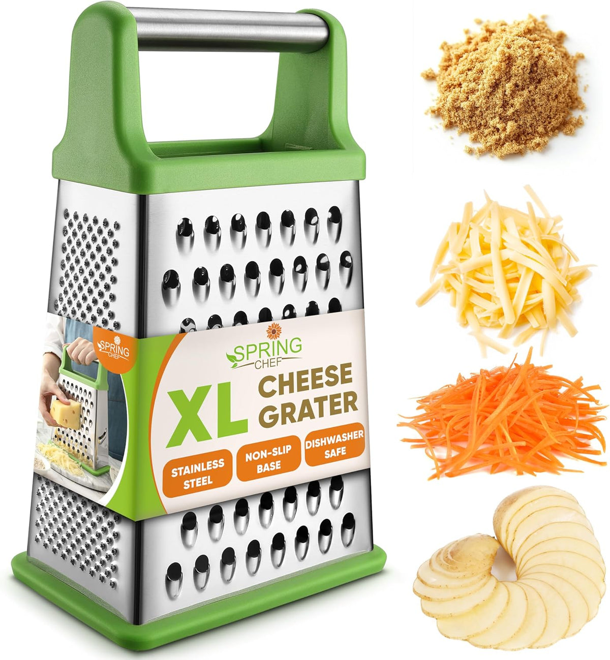 Stainless Steel XL Cheese Grater for Kitchen, Black | 4 Sided Manual Metal Box Grater for Carrot, Potato, Parmesan, Cheese Shredder, Professional Vegetable Grater, Dishwasher Safe