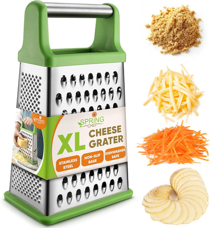 Stainless Steel XL Cheese Grater for Kitchen, Black | 4 Sided Manual Metal Box Grater for Carrot, Potato, Parmesan, Cheese Shredder, Professional Vegetable Grater, Dishwasher Safe