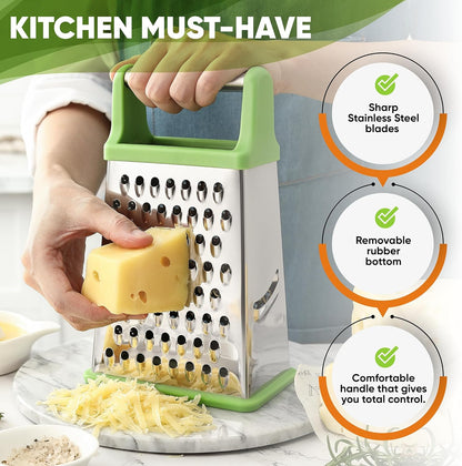 Stainless Steel XL Cheese Grater for Kitchen, Black | 4 Sided Manual Metal Box Grater for Carrot, Potato, Parmesan, Cheese Shredder, Professional Vegetable Grater, Dishwasher Safe