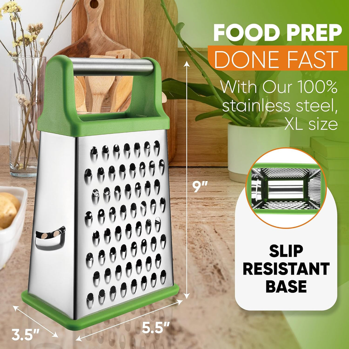 Stainless Steel XL Cheese Grater for Kitchen, Black | 4 Sided Manual Metal Box Grater for Carrot, Potato, Parmesan, Cheese Shredder, Professional Vegetable Grater, Dishwasher Safe
