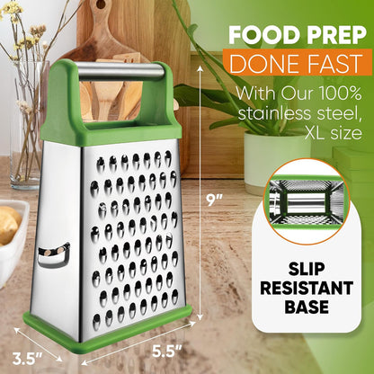 Stainless Steel XL Cheese Grater for Kitchen, Black | 4 Sided Manual Metal Box Grater for Carrot, Potato, Parmesan, Cheese Shredder, Professional Vegetable Grater, Dishwasher Safe
