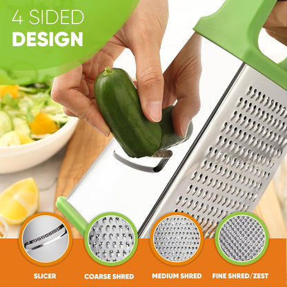 Stainless Steel XL Cheese Grater for Kitchen, Black | 4 Sided Manual Metal Box Grater for Carrot, Potato, Parmesan, Cheese Shredder, Professional Vegetable Grater, Dishwasher Safe