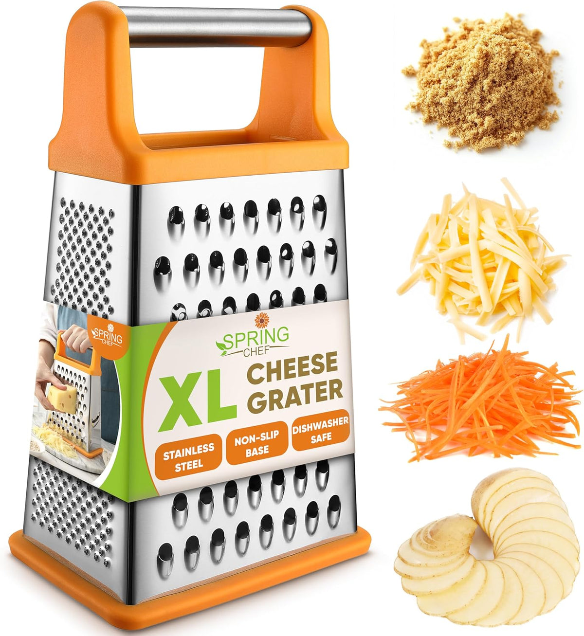 Stainless Steel XL Cheese Grater for Kitchen, Black | 4 Sided Manual Metal Box Grater for Carrot, Potato, Parmesan, Cheese Shredder, Professional Vegetable Grater, Dishwasher Safe