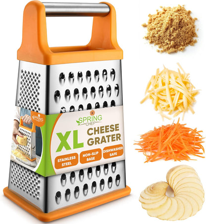 Stainless Steel XL Cheese Grater for Kitchen, Black | 4 Sided Manual Metal Box Grater for Carrot, Potato, Parmesan, Cheese Shredder, Professional Vegetable Grater, Dishwasher Safe