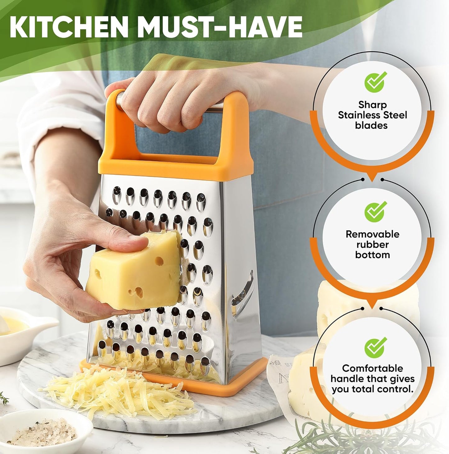 Stainless Steel XL Cheese Grater for Kitchen, Black | 4 Sided Manual Metal Box Grater for Carrot, Potato, Parmesan, Cheese Shredder, Professional Vegetable Grater, Dishwasher Safe