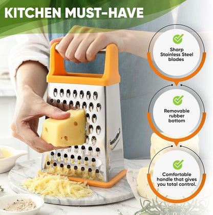 Stainless Steel XL Cheese Grater for Kitchen, Black | 4 Sided Manual Metal Box Grater for Carrot, Potato, Parmesan, Cheese Shredder, Professional Vegetable Grater, Dishwasher Safe