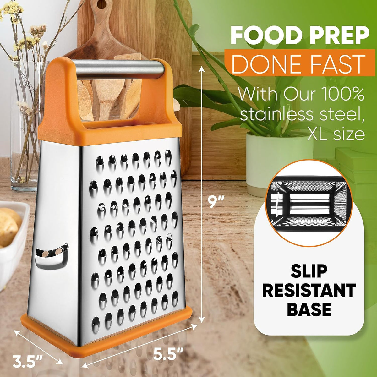 Stainless Steel XL Cheese Grater for Kitchen, Black | 4 Sided Manual Metal Box Grater for Carrot, Potato, Parmesan, Cheese Shredder, Professional Vegetable Grater, Dishwasher Safe