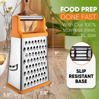 Stainless Steel XL Cheese Grater for Kitchen, Black | 4 Sided Manual Metal Box Grater for Carrot, Potato, Parmesan, Cheese Shredder, Professional Vegetable Grater, Dishwasher Safe