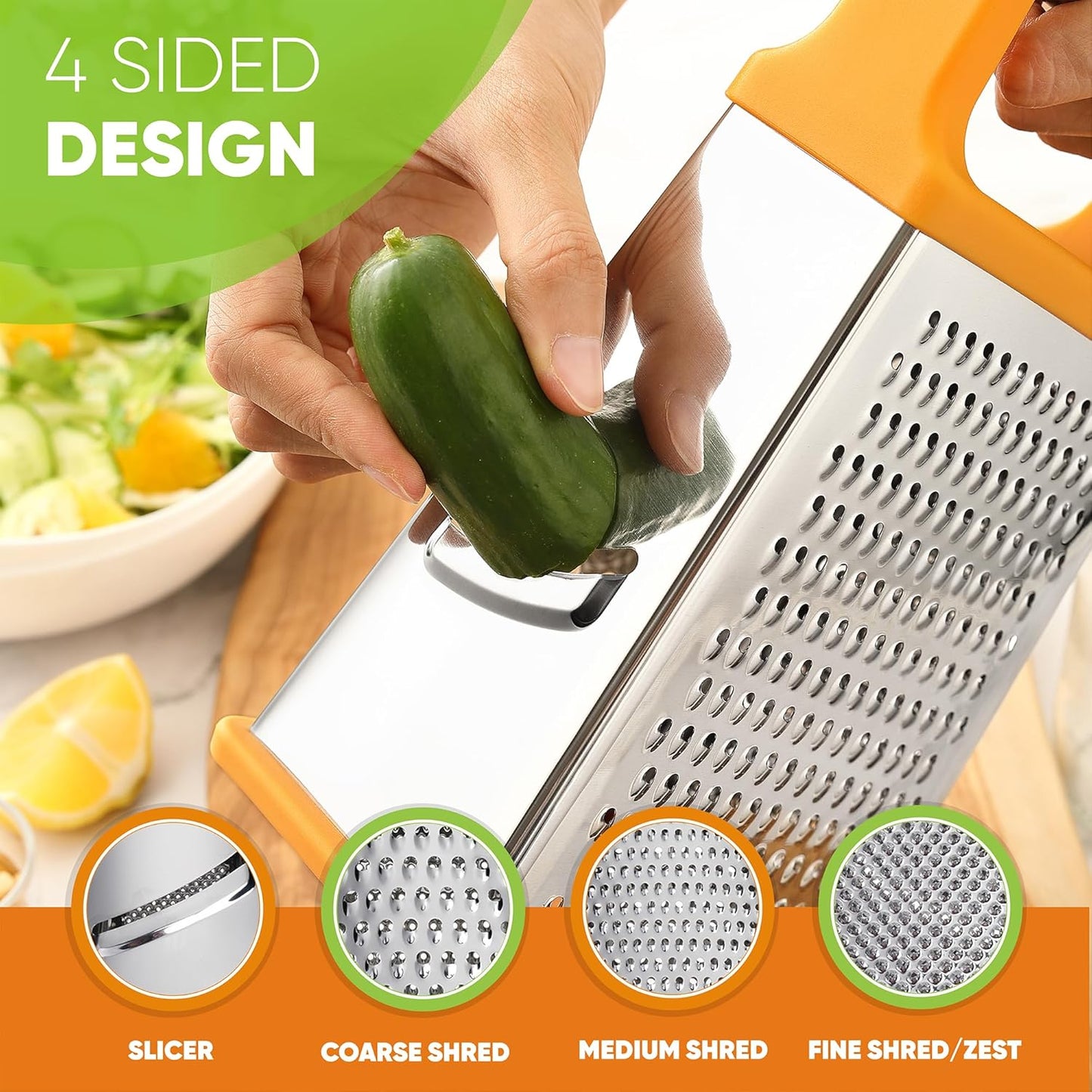 Stainless Steel XL Cheese Grater for Kitchen, Black | 4 Sided Manual Metal Box Grater for Carrot, Potato, Parmesan, Cheese Shredder, Professional Vegetable Grater, Dishwasher Safe
