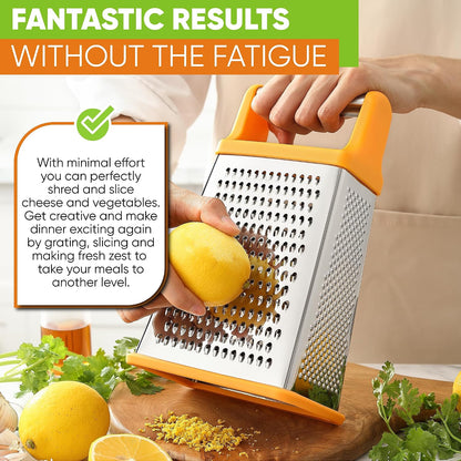 Stainless Steel XL Cheese Grater for Kitchen, Black | 4 Sided Manual Metal Box Grater for Carrot, Potato, Parmesan, Cheese Shredder, Professional Vegetable Grater, Dishwasher Safe