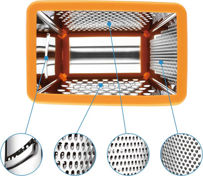 Stainless Steel XL Cheese Grater for Kitchen, Black | 4 Sided Manual Metal Box Grater for Carrot, Potato, Parmesan, Cheese Shredder, Professional Vegetable Grater, Dishwasher Safe