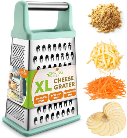 Stainless Steel XL Cheese Grater for Kitchen, Black | 4 Sided Manual Metal Box Grater for Carrot, Potato, Parmesan, Cheese Shredder, Professional Vegetable Grater, Dishwasher Safe