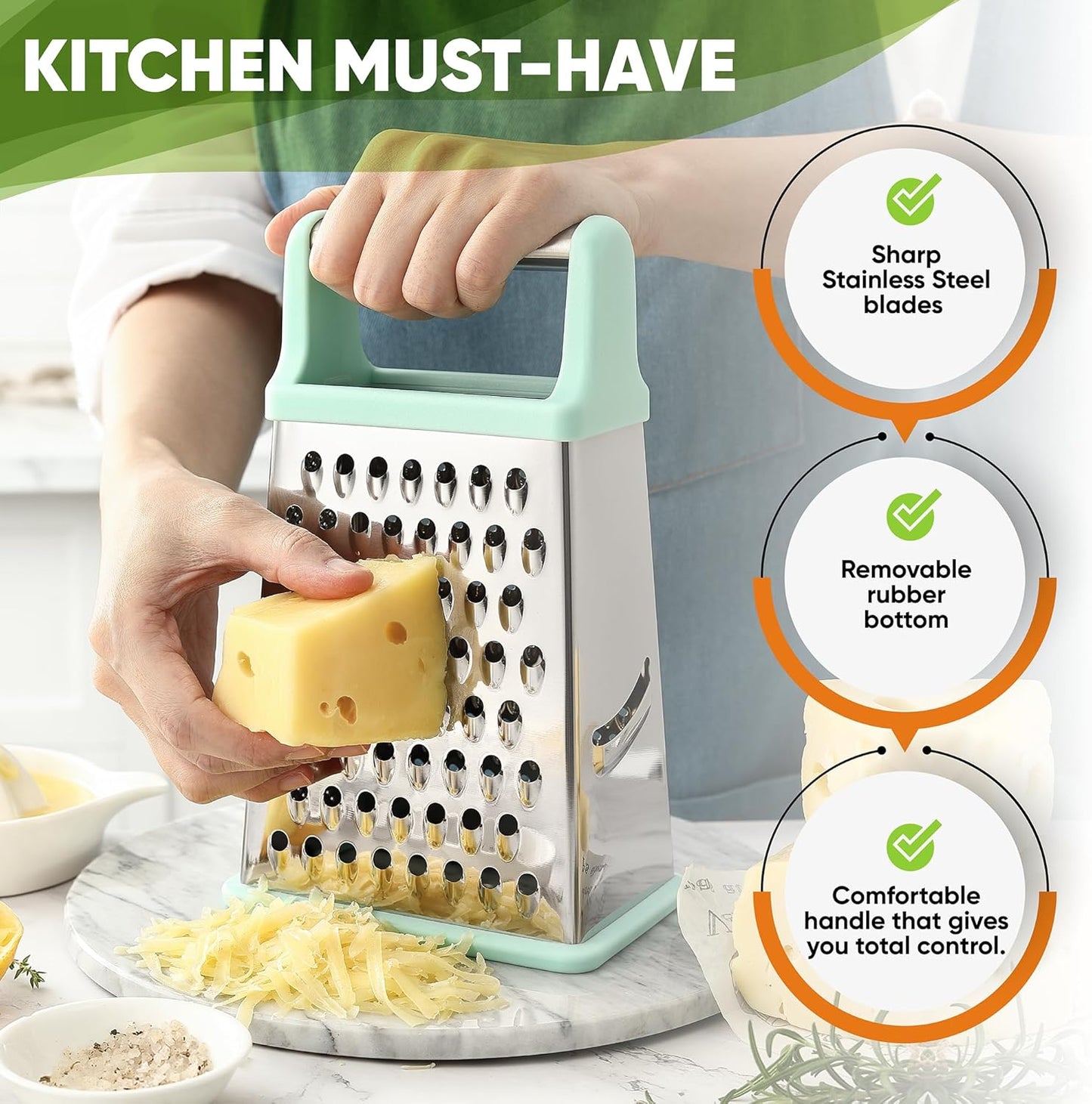 Stainless Steel XL Cheese Grater for Kitchen, Black | 4 Sided Manual Metal Box Grater for Carrot, Potato, Parmesan, Cheese Shredder, Professional Vegetable Grater, Dishwasher Safe