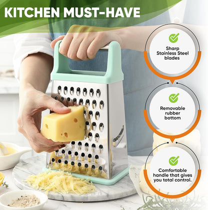 Stainless Steel XL Cheese Grater for Kitchen, Black | 4 Sided Manual Metal Box Grater for Carrot, Potato, Parmesan, Cheese Shredder, Professional Vegetable Grater, Dishwasher Safe