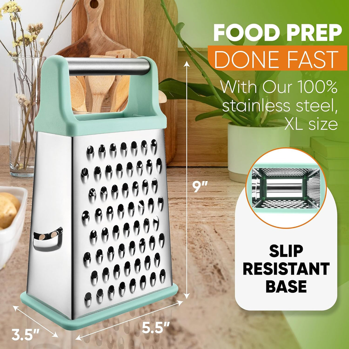 Stainless Steel XL Cheese Grater for Kitchen, Black | 4 Sided Manual Metal Box Grater for Carrot, Potato, Parmesan, Cheese Shredder, Professional Vegetable Grater, Dishwasher Safe