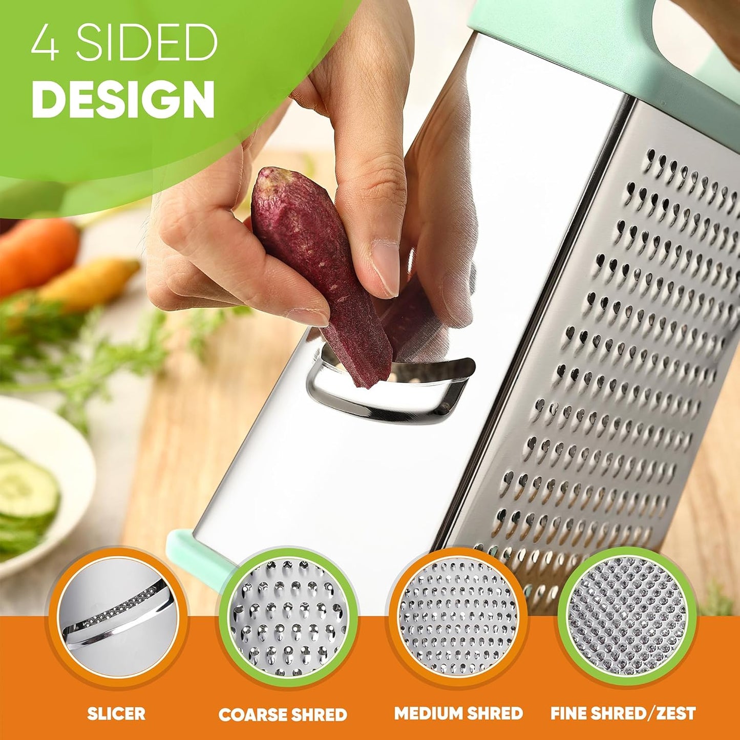 Stainless Steel XL Cheese Grater for Kitchen, Black | 4 Sided Manual Metal Box Grater for Carrot, Potato, Parmesan, Cheese Shredder, Professional Vegetable Grater, Dishwasher Safe