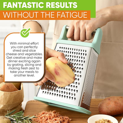 Stainless Steel XL Cheese Grater for Kitchen, Black | 4 Sided Manual Metal Box Grater for Carrot, Potato, Parmesan, Cheese Shredder, Professional Vegetable Grater, Dishwasher Safe