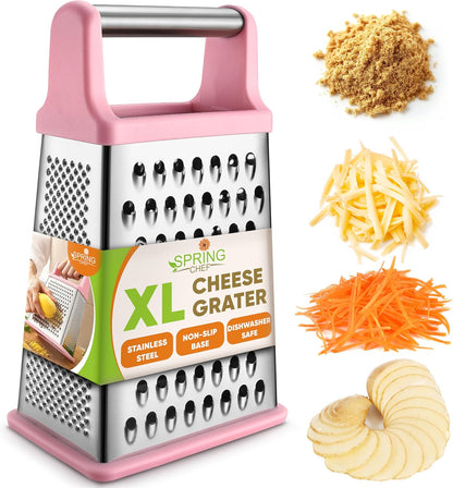 Stainless Steel XL Cheese Grater for Kitchen, Black | 4 Sided Manual Metal Box Grater for Carrot, Potato, Parmesan, Cheese Shredder, Professional Vegetable Grater, Dishwasher Safe