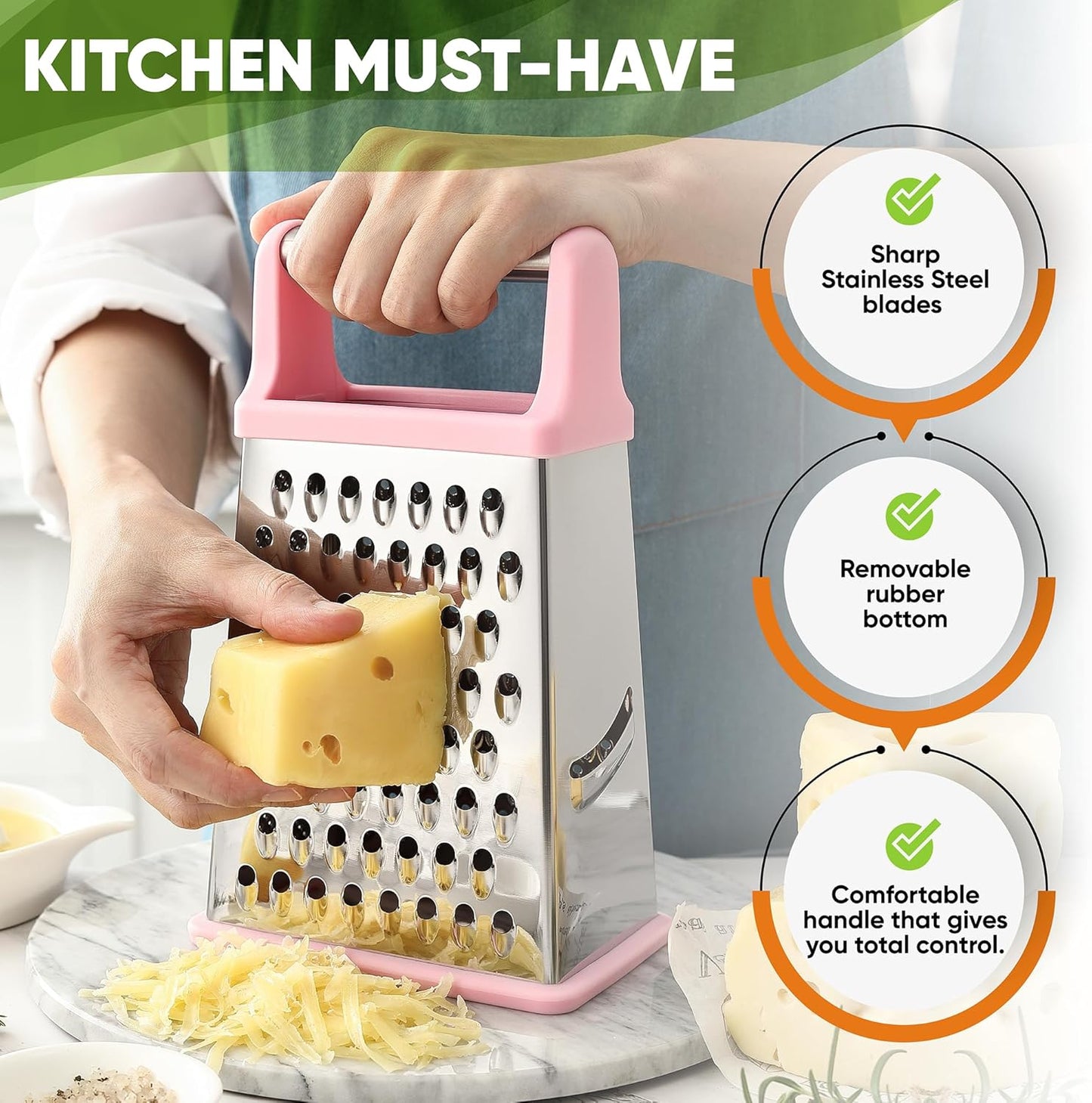 Stainless Steel XL Cheese Grater for Kitchen, Black | 4 Sided Manual Metal Box Grater for Carrot, Potato, Parmesan, Cheese Shredder, Professional Vegetable Grater, Dishwasher Safe