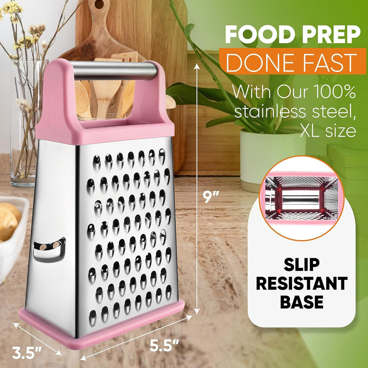 Stainless Steel XL Cheese Grater for Kitchen, Black | 4 Sided Manual Metal Box Grater for Carrot, Potato, Parmesan, Cheese Shredder, Professional Vegetable Grater, Dishwasher Safe