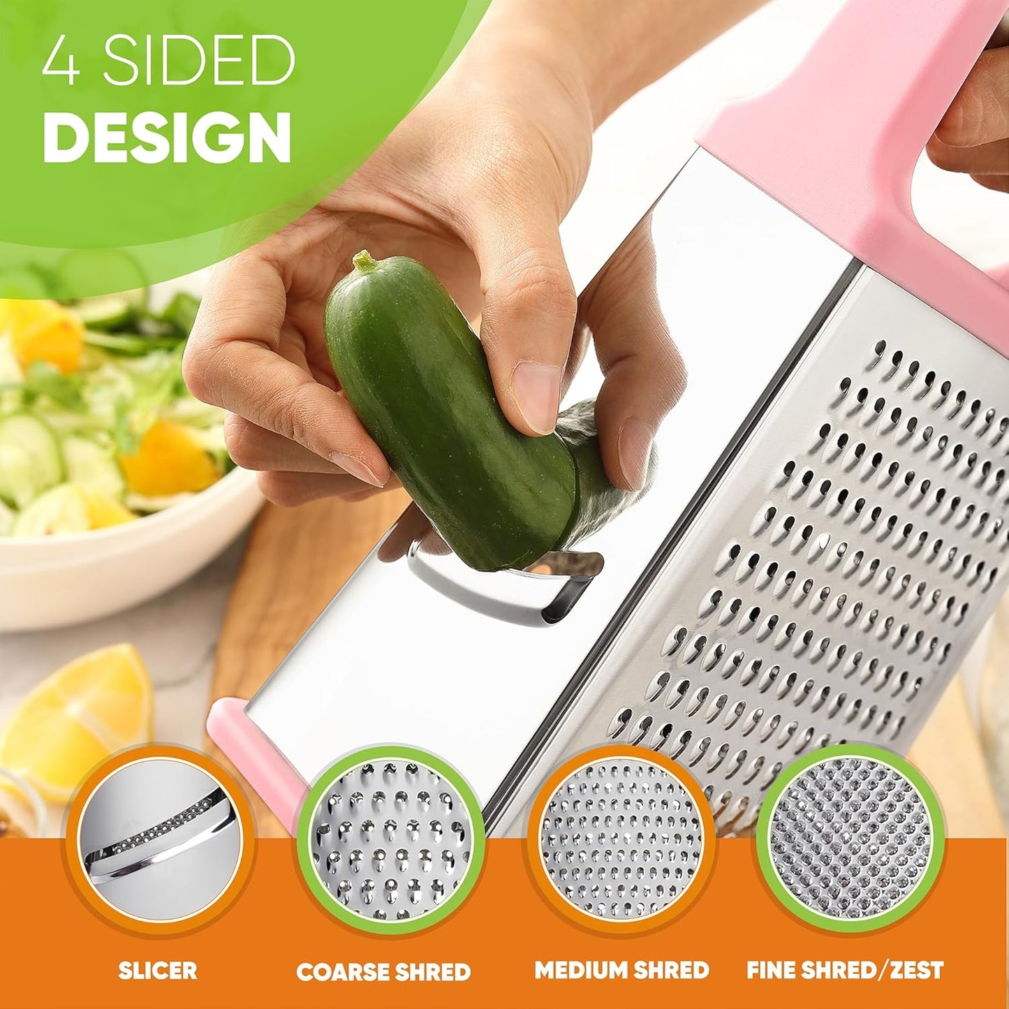 Stainless Steel XL Cheese Grater for Kitchen, Black | 4 Sided Manual Metal Box Grater for Carrot, Potato, Parmesan, Cheese Shredder, Professional Vegetable Grater, Dishwasher Safe