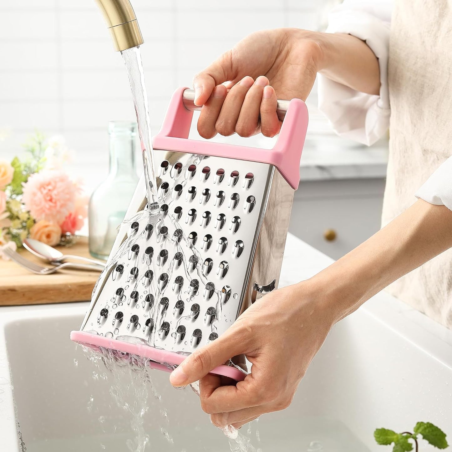 Stainless Steel XL Cheese Grater for Kitchen, Black | 4 Sided Manual Metal Box Grater for Carrot, Potato, Parmesan, Cheese Shredder, Professional Vegetable Grater, Dishwasher Safe