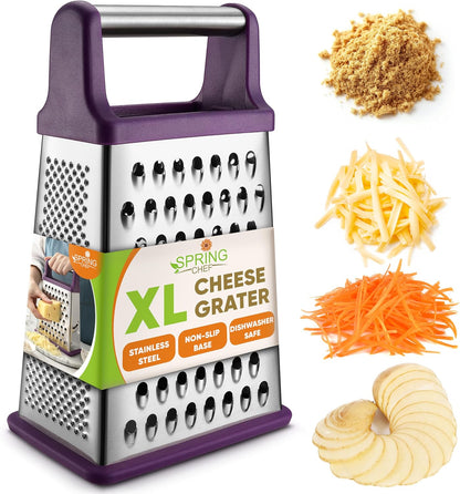 Stainless Steel XL Cheese Grater for Kitchen, Black | 4 Sided Manual Metal Box Grater for Carrot, Potato, Parmesan, Cheese Shredder, Professional Vegetable Grater, Dishwasher Safe