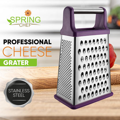 Stainless Steel XL Cheese Grater for Kitchen, Black | 4 Sided Manual Metal Box Grater for Carrot, Potato, Parmesan, Cheese Shredder, Professional Vegetable Grater, Dishwasher Safe