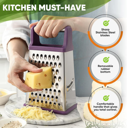 Stainless Steel XL Cheese Grater for Kitchen, Black | 4 Sided Manual Metal Box Grater for Carrot, Potato, Parmesan, Cheese Shredder, Professional Vegetable Grater, Dishwasher Safe