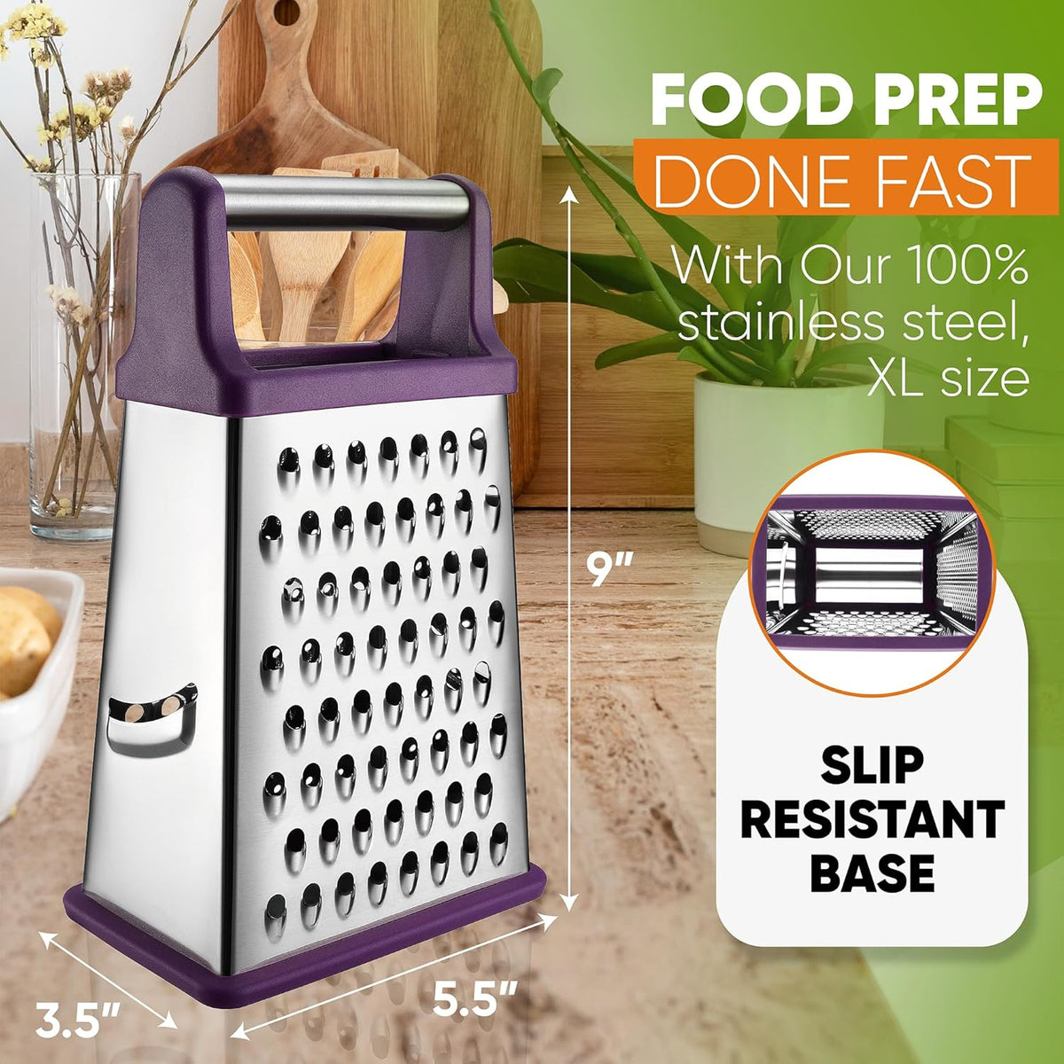 Stainless Steel XL Cheese Grater for Kitchen, Black | 4 Sided Manual Metal Box Grater for Carrot, Potato, Parmesan, Cheese Shredder, Professional Vegetable Grater, Dishwasher Safe