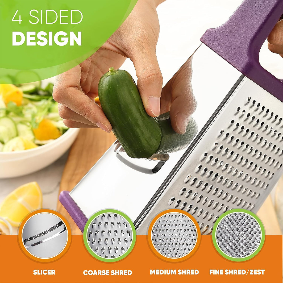 Stainless Steel XL Cheese Grater for Kitchen, Black | 4 Sided Manual Metal Box Grater for Carrot, Potato, Parmesan, Cheese Shredder, Professional Vegetable Grater, Dishwasher Safe