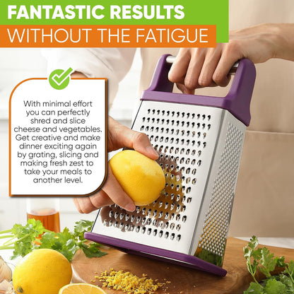 Stainless Steel XL Cheese Grater for Kitchen, Black | 4 Sided Manual Metal Box Grater for Carrot, Potato, Parmesan, Cheese Shredder, Professional Vegetable Grater, Dishwasher Safe