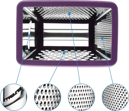 Stainless Steel XL Cheese Grater for Kitchen, Black | 4 Sided Manual Metal Box Grater for Carrot, Potato, Parmesan, Cheese Shredder, Professional Vegetable Grater, Dishwasher Safe