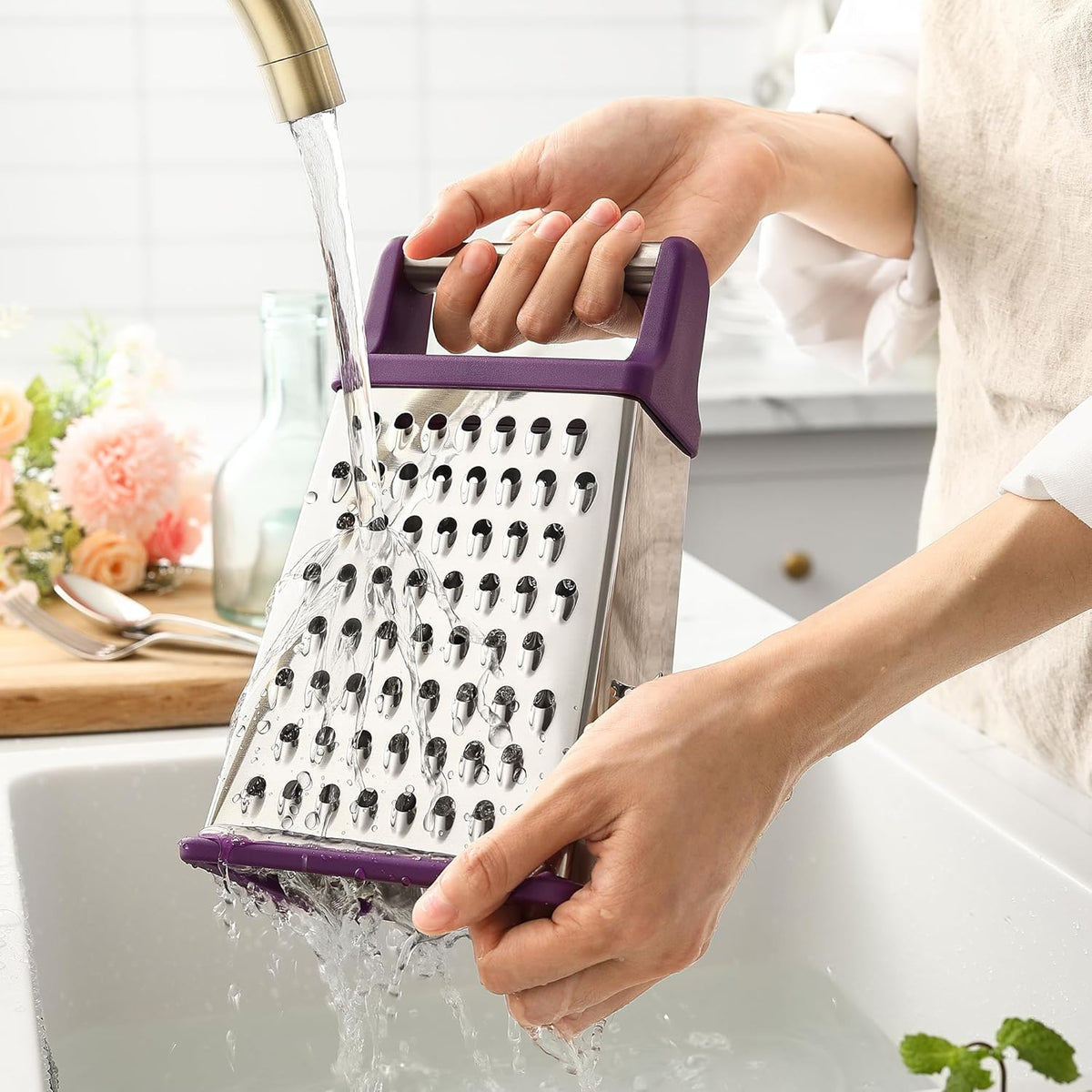 Stainless Steel XL Cheese Grater for Kitchen, Black | 4 Sided Manual Metal Box Grater for Carrot, Potato, Parmesan, Cheese Shredder, Professional Vegetable Grater, Dishwasher Safe