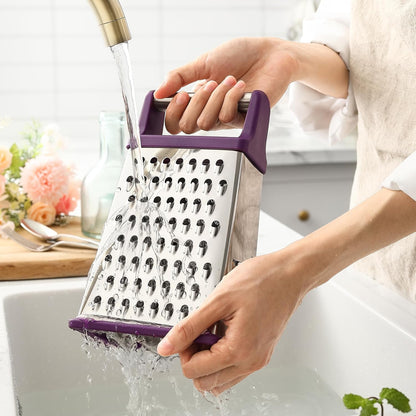 Stainless Steel XL Cheese Grater for Kitchen, Black | 4 Sided Manual Metal Box Grater for Carrot, Potato, Parmesan, Cheese Shredder, Professional Vegetable Grater, Dishwasher Safe
