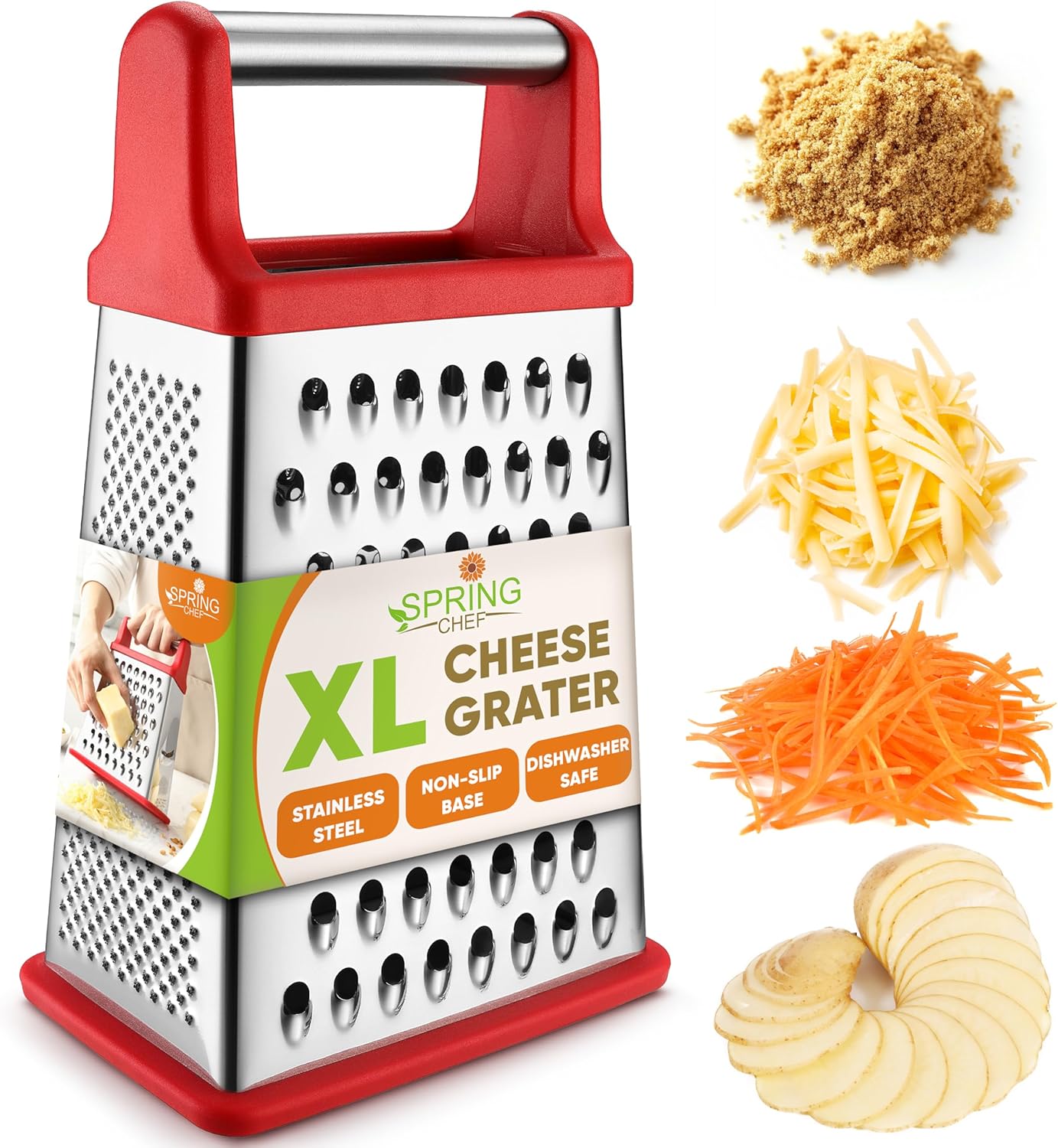 Stainless Steel XL Cheese Grater for Kitchen, Black | 4 Sided Manual Metal Box Grater for Carrot, Potato, Parmesan, Cheese Shredder, Professional Vegetable Grater, Dishwasher Safe