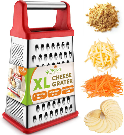 Stainless Steel XL Cheese Grater for Kitchen, Black | 4 Sided Manual Metal Box Grater for Carrot, Potato, Parmesan, Cheese Shredder, Professional Vegetable Grater, Dishwasher Safe