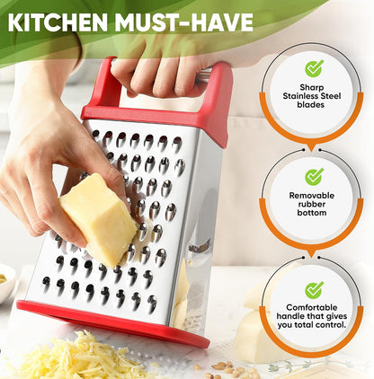 Stainless Steel XL Cheese Grater for Kitchen, Black | 4 Sided Manual Metal Box Grater for Carrot, Potato, Parmesan, Cheese Shredder, Professional Vegetable Grater, Dishwasher Safe