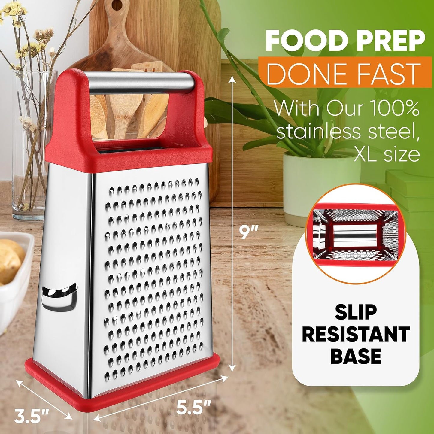 Stainless Steel XL Cheese Grater for Kitchen, Black | 4 Sided Manual Metal Box Grater for Carrot, Potato, Parmesan, Cheese Shredder, Professional Vegetable Grater, Dishwasher Safe