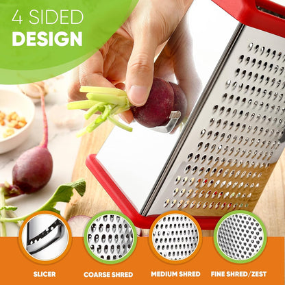 Stainless Steel XL Cheese Grater for Kitchen, Black | 4 Sided Manual Metal Box Grater for Carrot, Potato, Parmesan, Cheese Shredder, Professional Vegetable Grater, Dishwasher Safe
